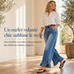 Jean femme stretch confortable à jambes larges, avec taille plissée et ourlet à volants