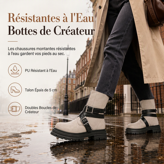 Bottines pour femme à bout rond avec bride à boucle, talon moyen épais et plateforme
