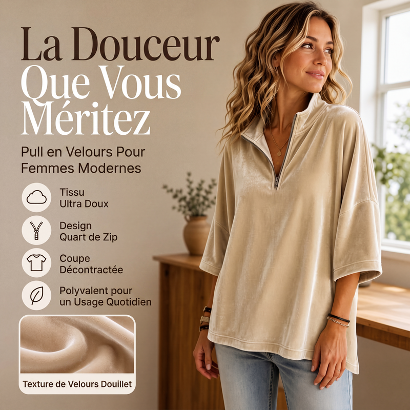 Haut en velours à manches 3/4 et demi-zip pour femme