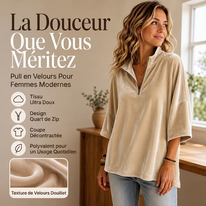 Haut en velours à manches 3/4 et demi-zip pour femme