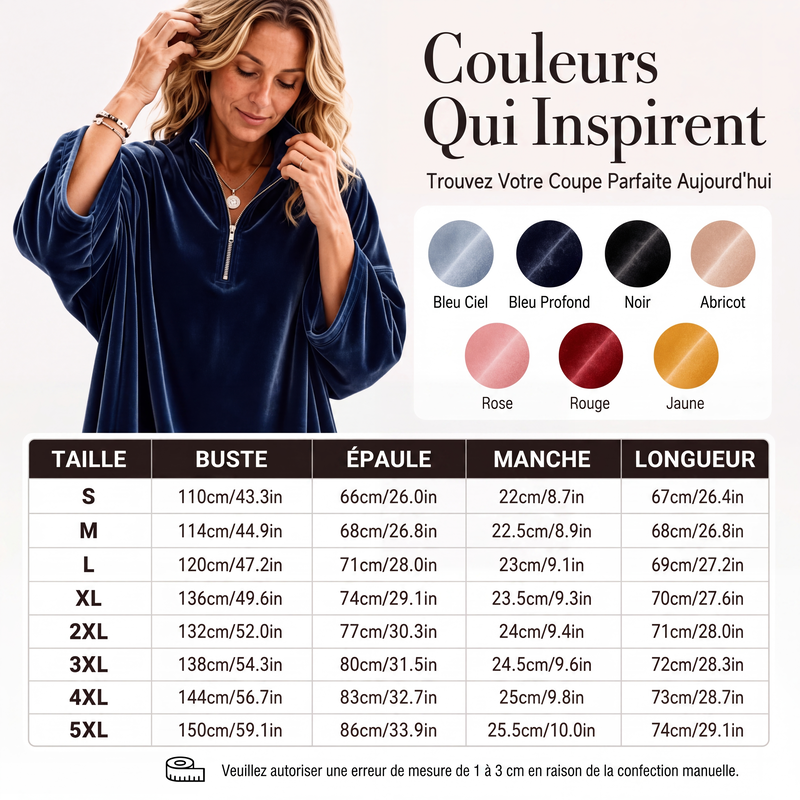Haut en velours à manches 3/4 et demi-zip pour femme