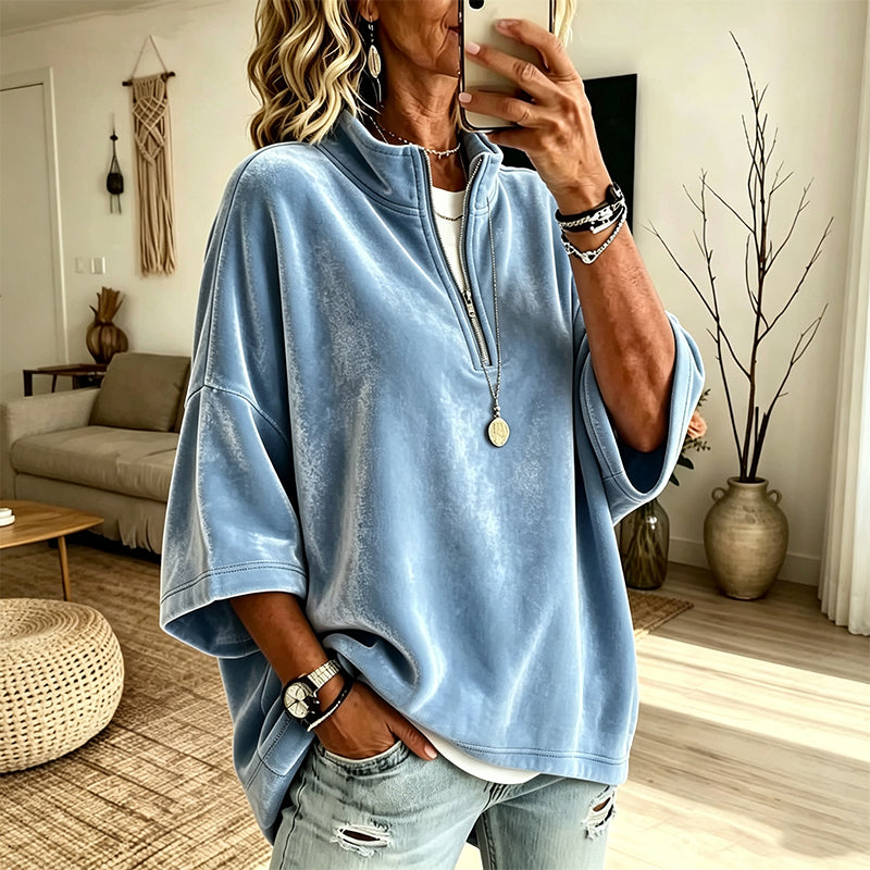 Haut en velours à manches 3/4 et demi-zip pour femme