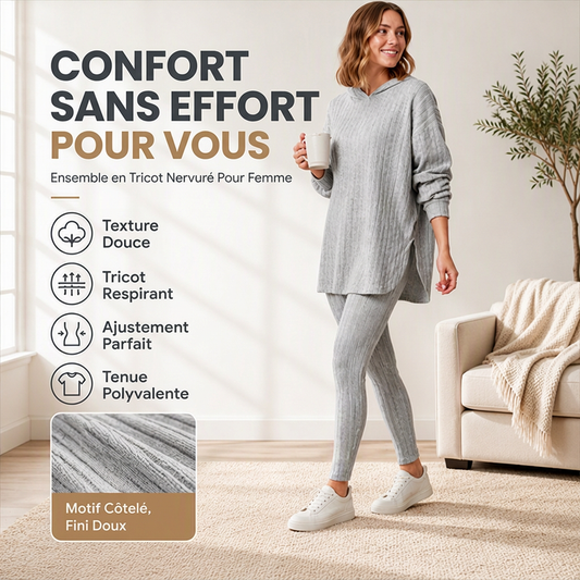 Ensemble sweat à capuche en maille côtelée et pantalon pour femme