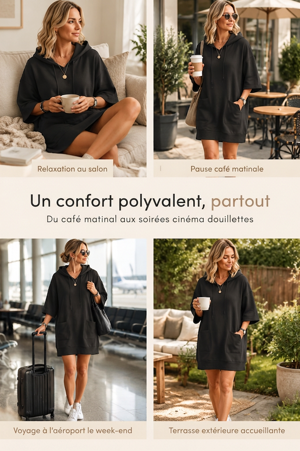 Sweat à capuche décontracté pour femme, couleur unie