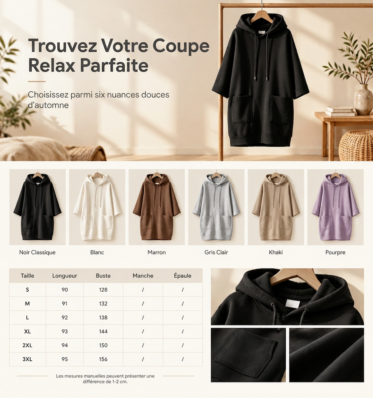 Sweat à capuche décontracté pour femme, couleur unie