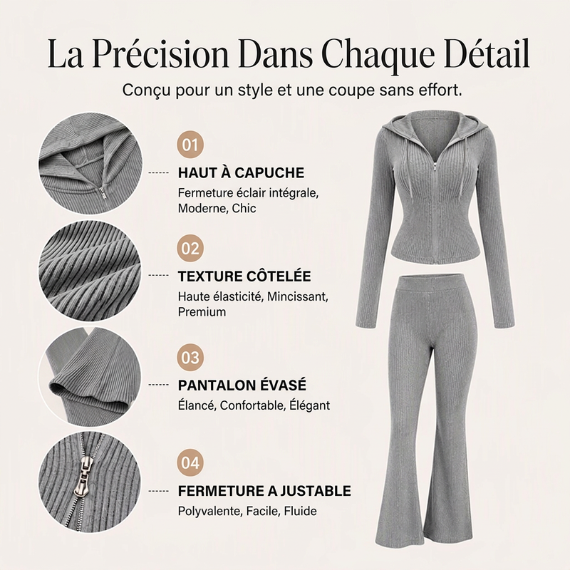 📢📢50 % DE RÉDUCTION !! ⏰Ensemble veste à capuche zippée côtelée et pantalon évasé pour femme