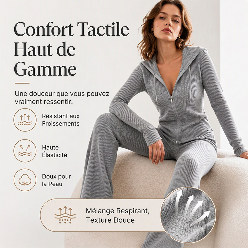 📢📢50 % DE RÉDUCTION !! ⏰Ensemble veste à capuche zippée côtelée et pantalon évasé pour femme