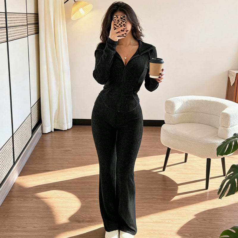 📢📢50 % DE RÉDUCTION !! ⏰Ensemble veste à capuche zippée côtelée et pantalon évasé pour femme