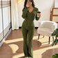 Ensemble veste à capuche zippée côtelée et pantalon évasé pour femme