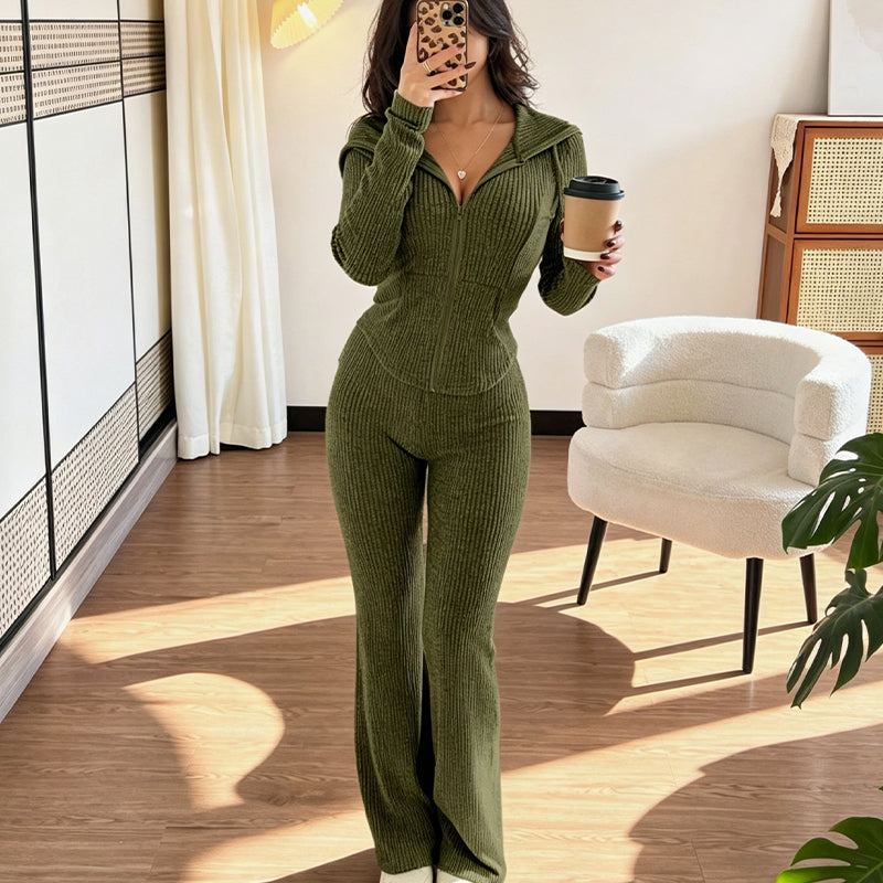 📢📢50 % DE RÉDUCTION !! ⏰Ensemble veste à capuche zippée côtelée et pantalon évasé pour femme