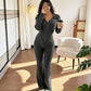 Ensemble veste à capuche zippée côtelée et pantalon évasé pour femme