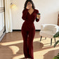Ensemble veste à capuche zippée côtelée et pantalon évasé pour femme