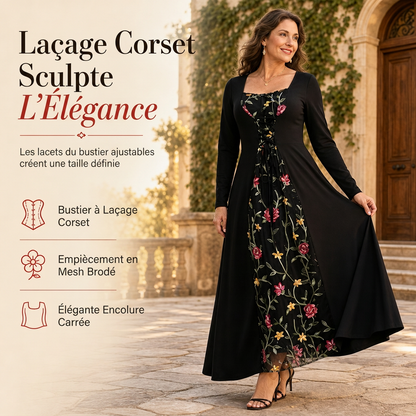 Robe longue corset noire à manches longues, col carré et lacets, avec panneau en maille brodé de fleurs