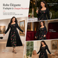 Robe longue corset noire à manches longues, col carré et lacets, avec panneau en maille brodé de fleurs
