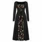 Robe longue corset noire à manches longues, col carré et lacets, avec panneau en maille brodé de fleurs