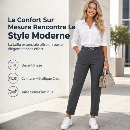 Pantalon cheville fuselé plissé pour femme, avec ceinture ornée de double anneau métallique et taille semi-élastique
