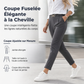 Pantalon cheville fuselé plissé pour femme, avec ceinture ornée de double anneau métallique et taille semi-élastique