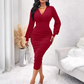 Robe moulante à col V, manches lanternes et fronces pour femme