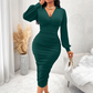 Robe moulante à col V, manches lanternes et fronces pour femme