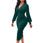 Robe moulante à col V, manches lanternes et fronces pour femme