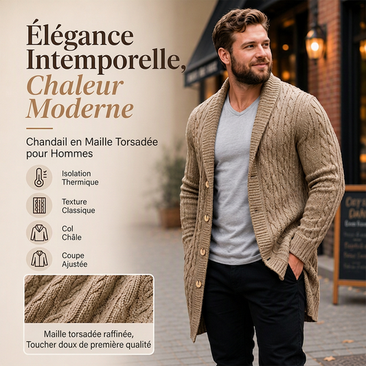 Cardigan mi-long pour homme en maille torsadée