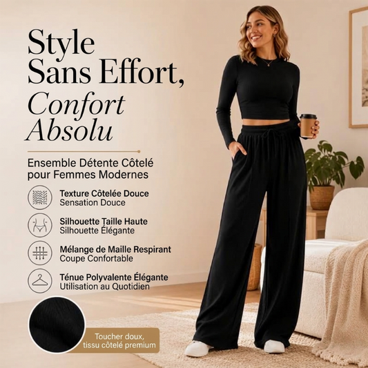Ensemble top court côtelé et pantalon large pour femme