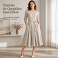 Robe mi-longue A-line en maille côtelée pour femme, avec col rond, manches 3/4 et poches