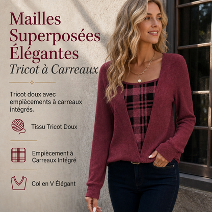 Haut en maille à carreaux effet superposé pour femme