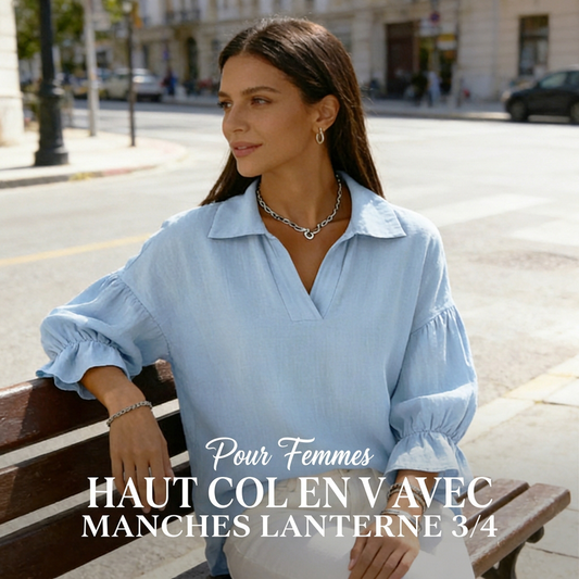 Haut pour femme à col en V et manches lanternes 3/4