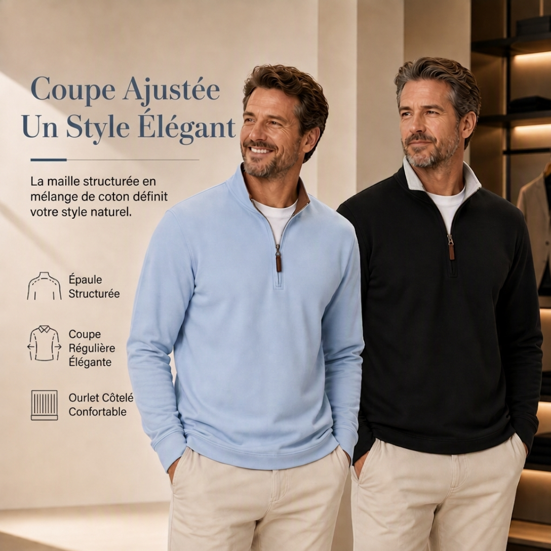 Pull à col montant quart de zip pour homme, sweatshirt à manches longues en mélange de coton