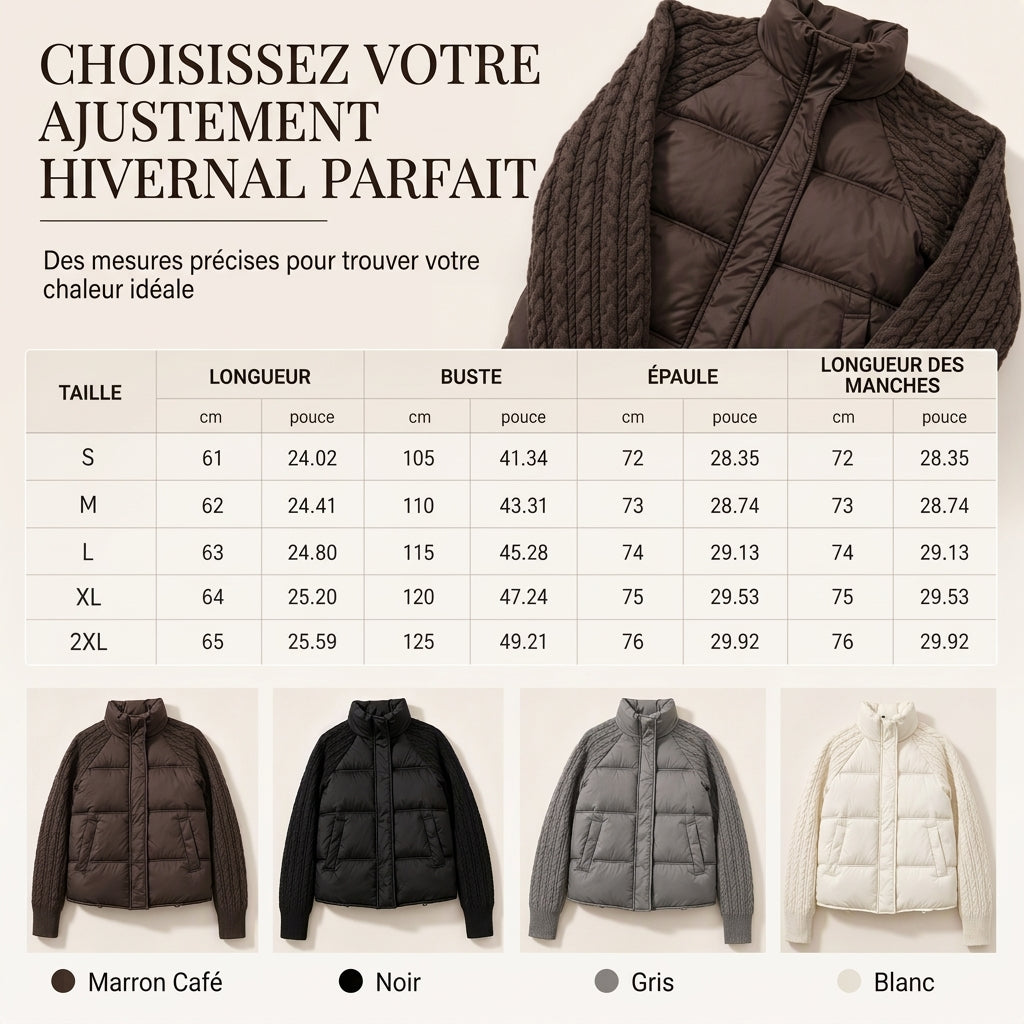 Manteau d'hiver court en coton matelassé chaud et épais pour femme, col montant, tricot torsadé, patchwork, manches longues