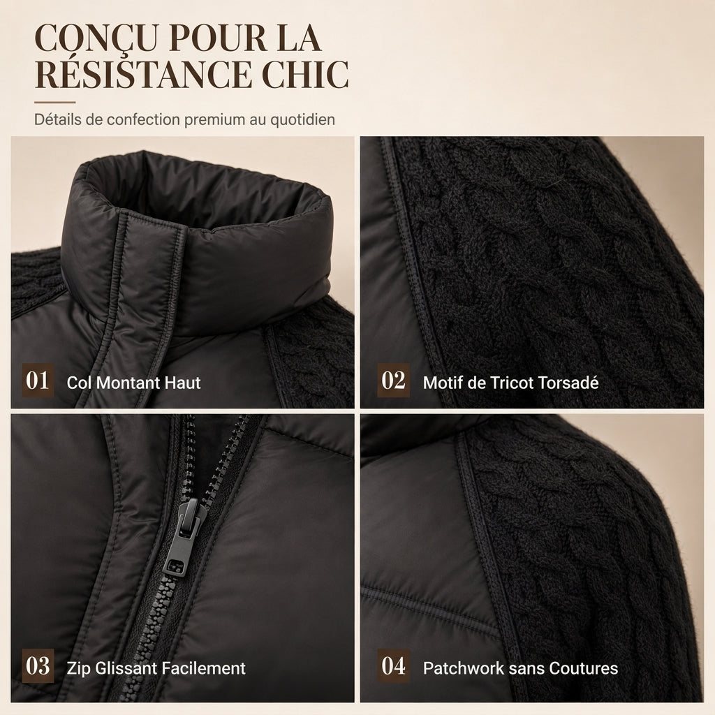 Manteau d'hiver court en coton matelassé chaud et épais pour femme, col montant, tricot torsadé, patchwork, manches longues