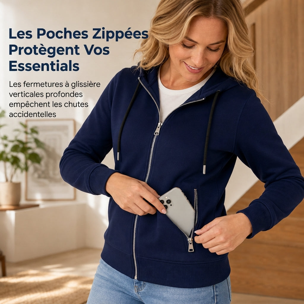 Sweat à capuche premium pour femme avec fermeture éclair sur toute la longueur et poches zippées