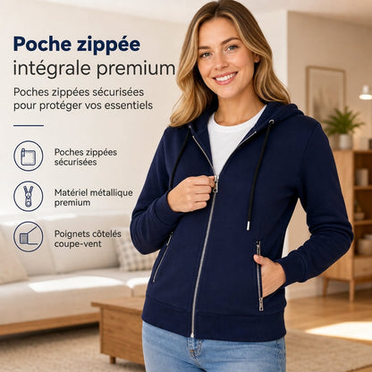 Sweat à capuche premium pour femme avec fermeture éclair sur toute la longueur et poches zippées