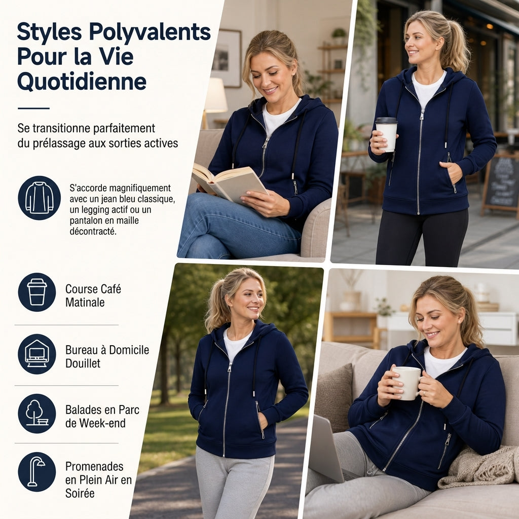 Sweat à capuche premium pour femme avec fermeture éclair sur toute la longueur et poches zippées