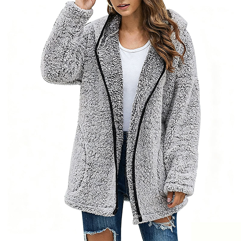 Cardigan décontracté à capuche en peluche pour femme