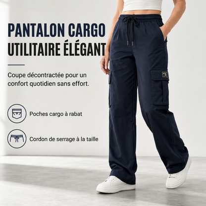 Pantalon cargo femme coupe droite décontractée avec taille élastique à cordon de serrage et poches utilitaires latérales
