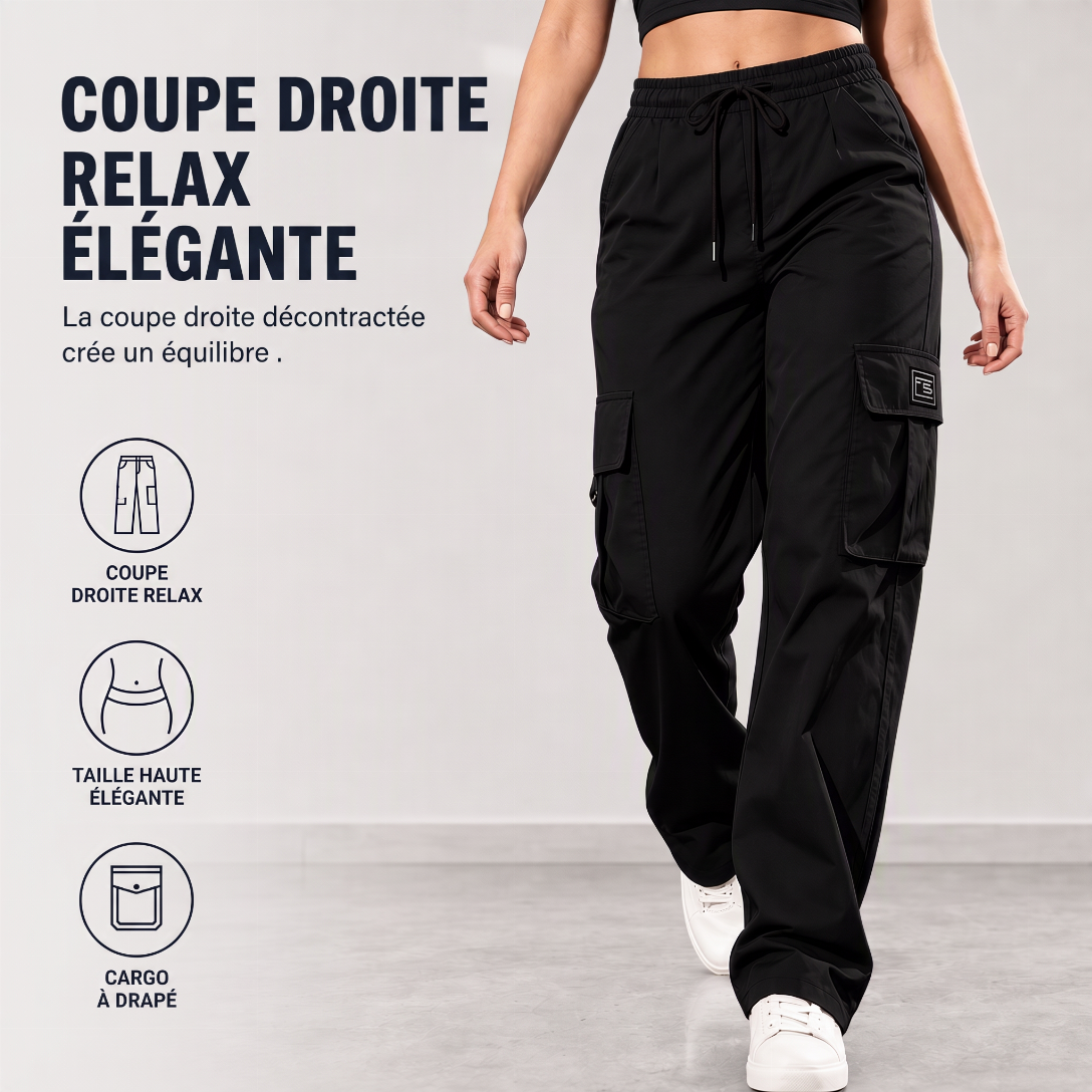 Pantalon cargo femme coupe droite décontractée avec taille élastique à cordon de serrage et poches utilitaires latérales