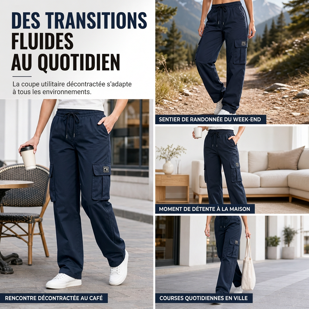 Pantalon cargo femme coupe droite décontractée avec taille élastique à cordon de serrage et poches utilitaires latérales