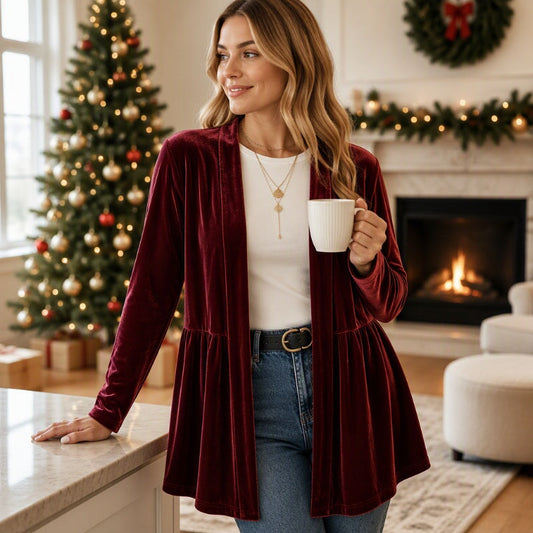 Cardigan en velours pour femme, ouvert sur le devant