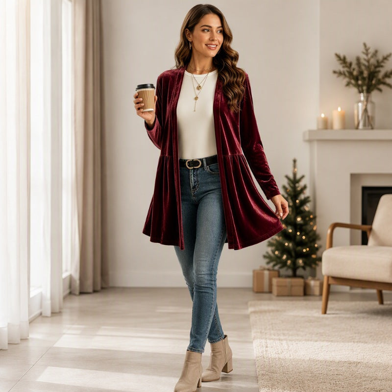 Cardigan en velours pour femme, ouvert sur le devant