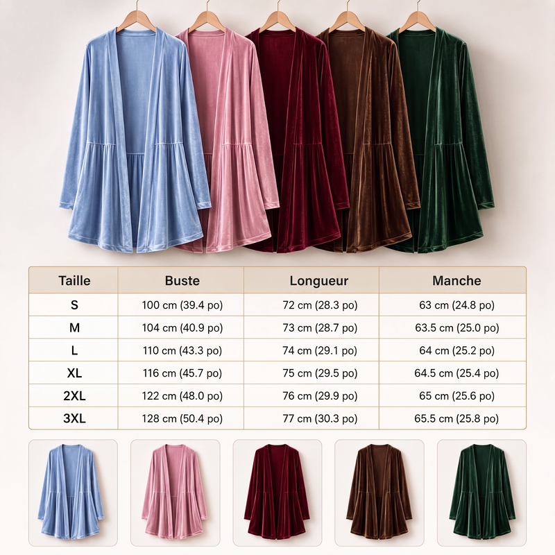 Cardigan en velours pour femme, ouvert sur le devant