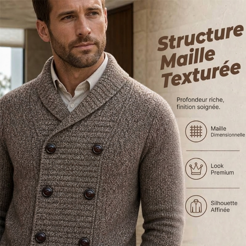 Cardigan en maille pour homme, col châle, double boutonnage
