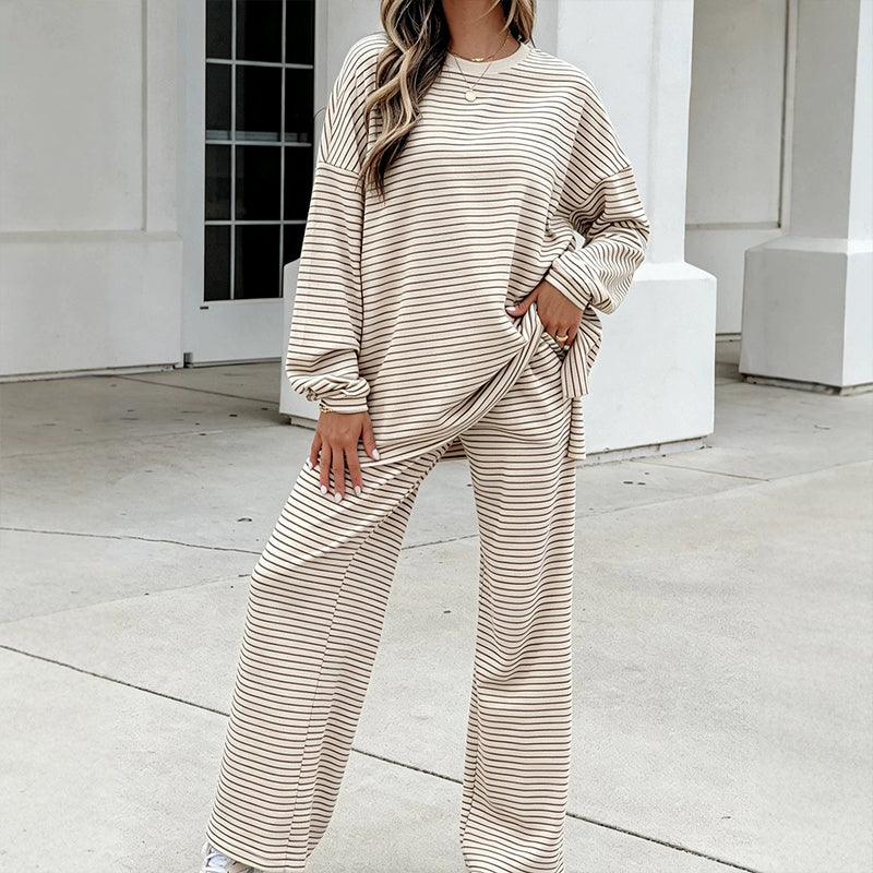 Ensemble 2 pièces pour femme : pull rayé et pantalon large