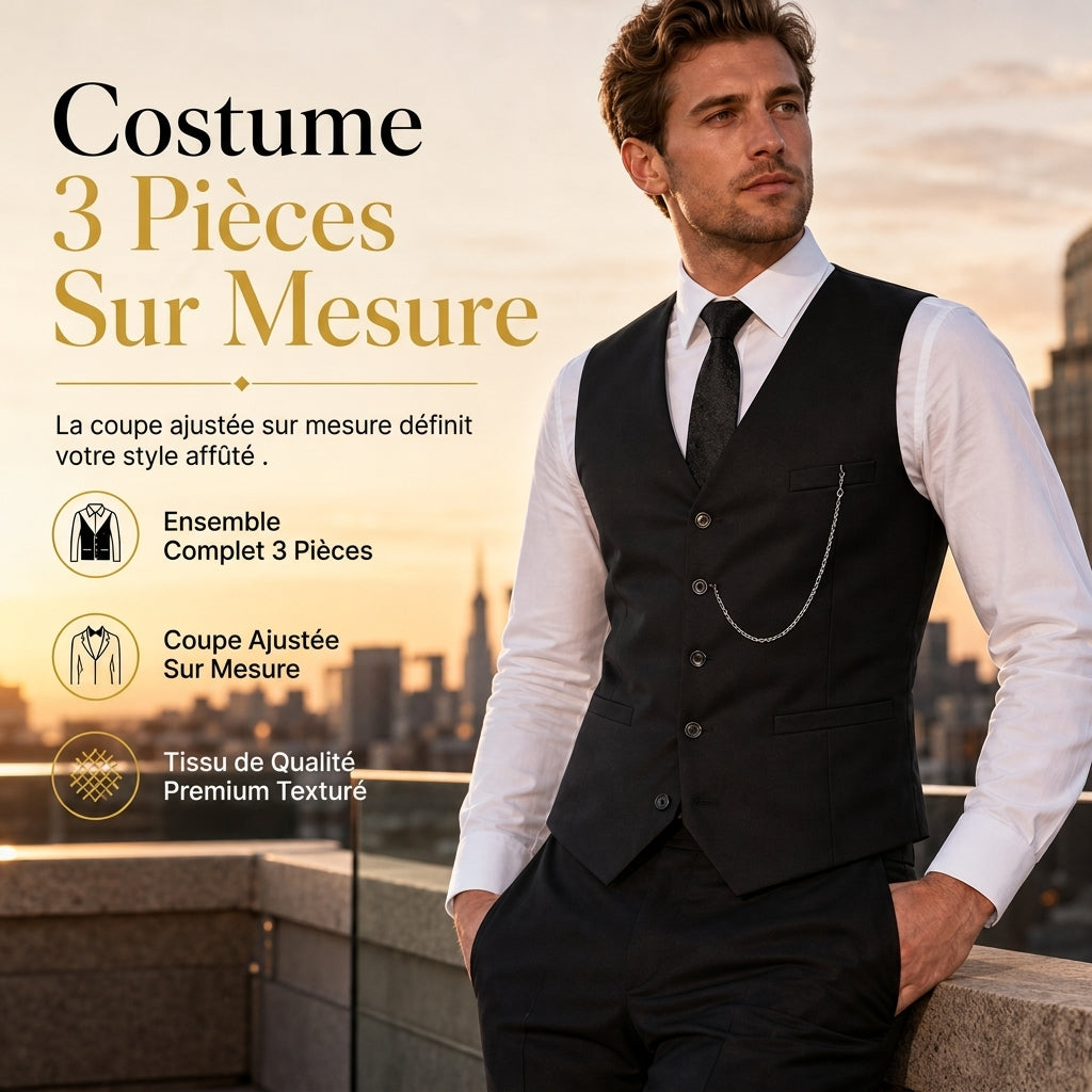 Ensemble de costume de cérémonie 3 pièces coupe ajustée pour homme