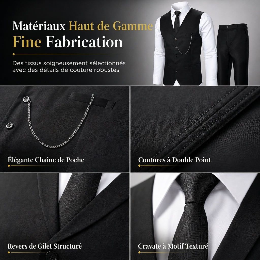 Ensemble de costume de cérémonie 3 pièces coupe ajustée pour homme