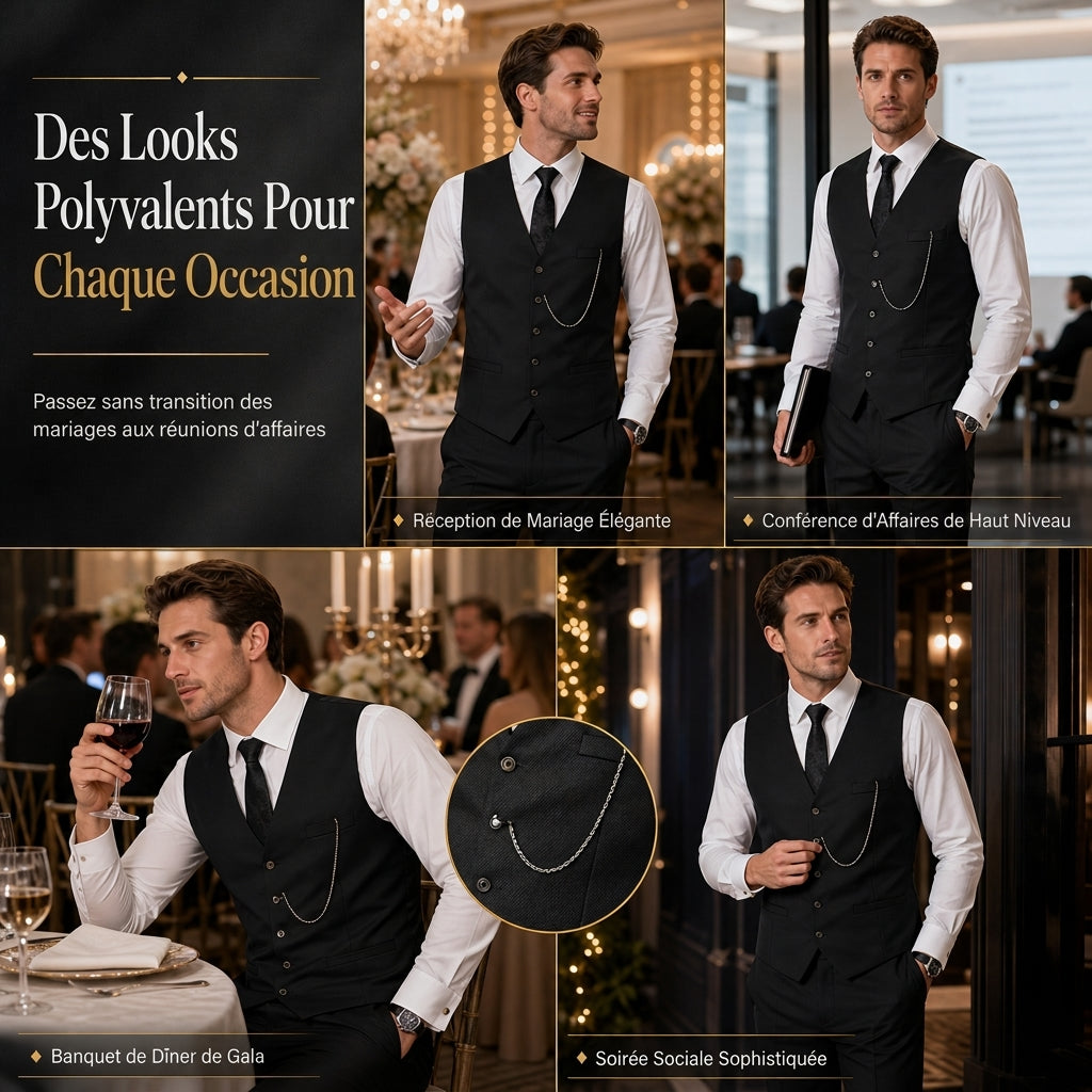 Ensemble de costume de cérémonie 3 pièces coupe ajustée pour homme