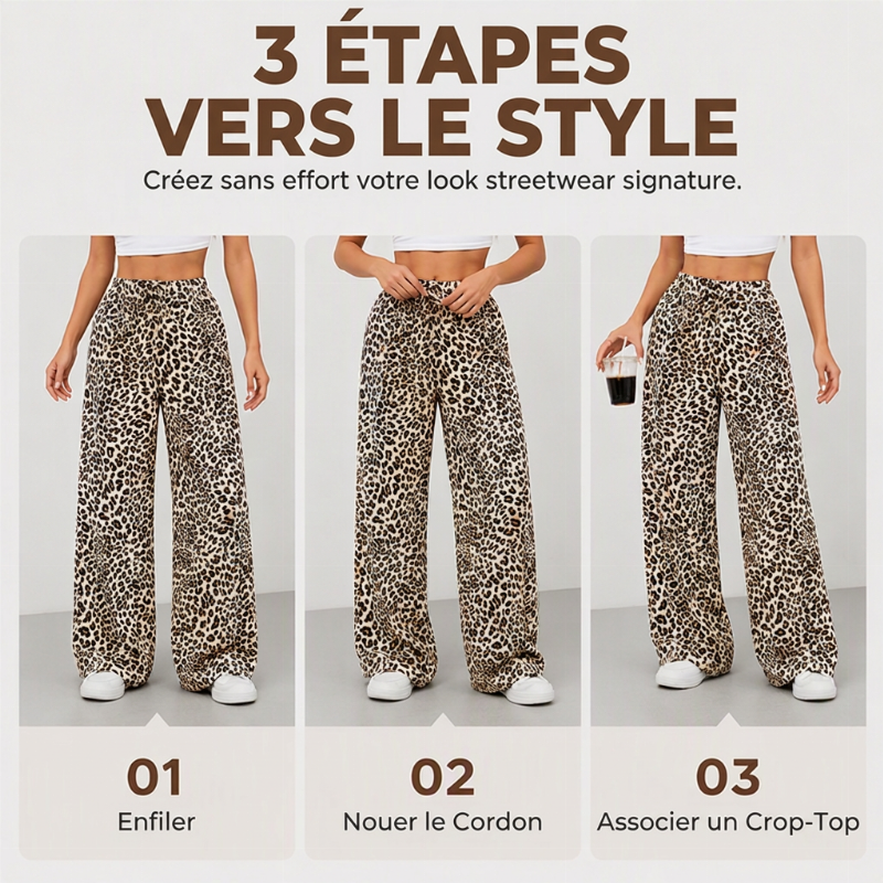 Pantalon large droit à imprimé léopard pour femme, style mode