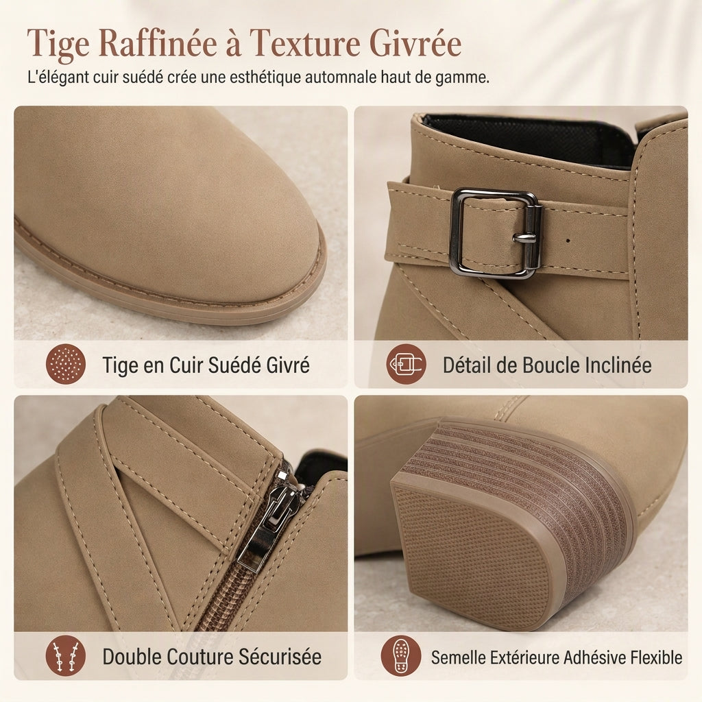 Bottines Martin en daim pour femmes avec boucle inclinée, talon moyen épais et fermeture à glissière latérale