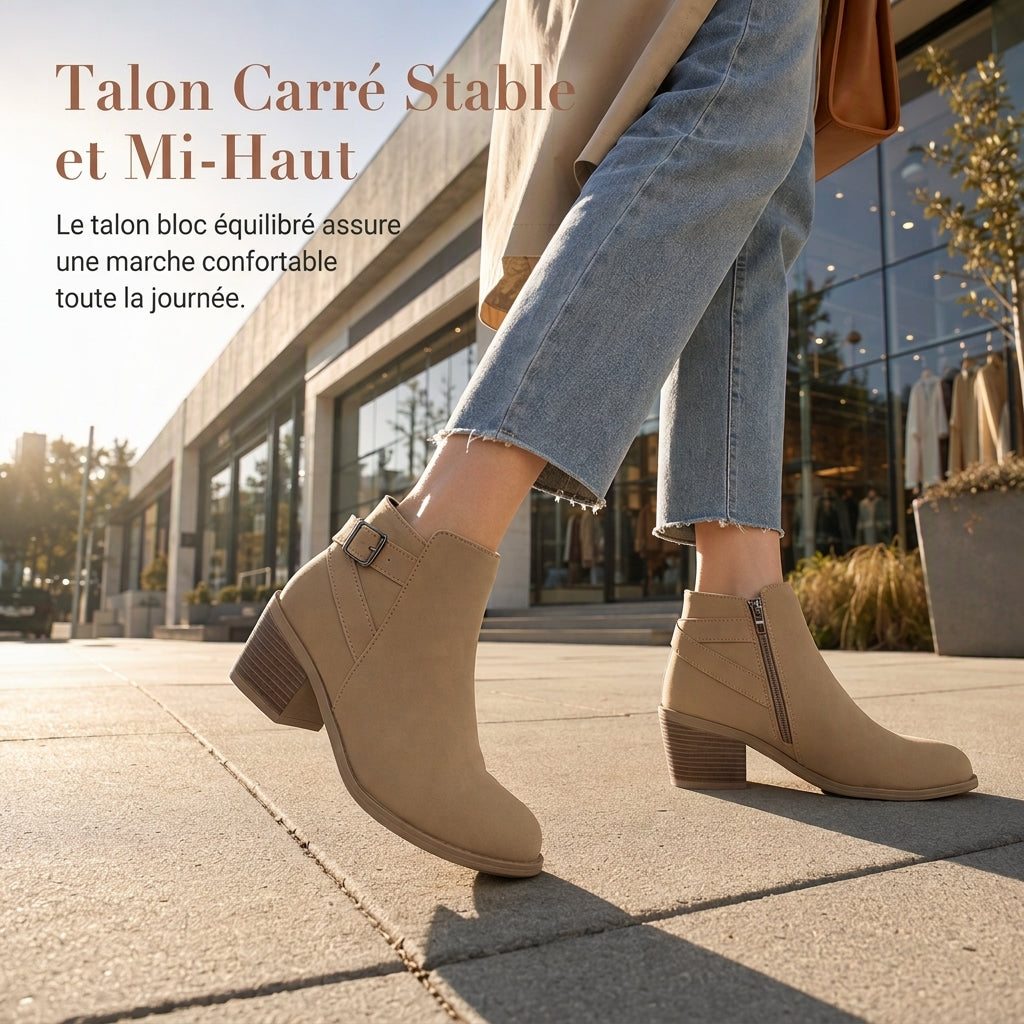 Bottines Martin en daim pour femmes avec boucle inclinée, talon moyen épais et fermeture à glissière latérale